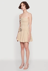 Womens Strapless Double Belted Pleated Skater Dress, Beige, Size XL