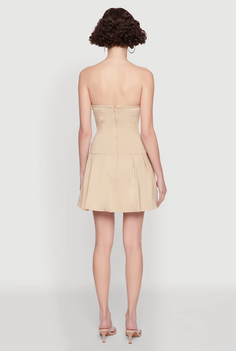 Womens Strapless Double Belted Pleated Skater Dress, Beige,