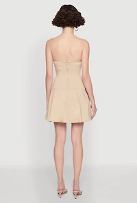 Womens Strapless Double Belted Pleated Skater Dress, Beige,