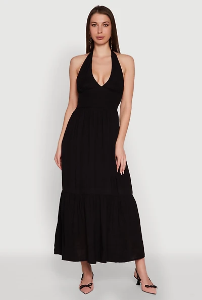 Womens Elegant Gauze Knit Halter Neck Tiered Dress, Black, Size M