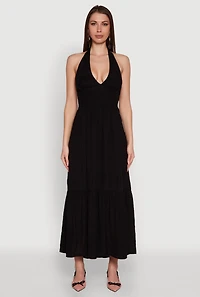 Womens Elegant Gauze Knit Halter Neck Tiered Dress, Black, Size M