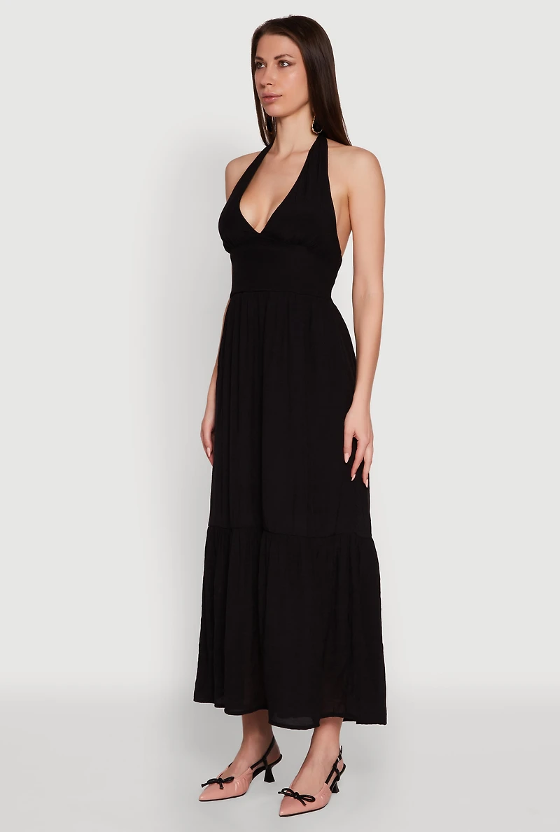 Womens Elegant Gauze Knit Halter Neck Tiered Dress, Black, Size M