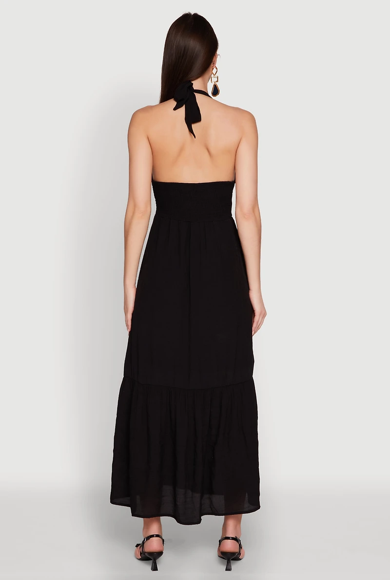 Womens Elegant Gauze Knit Halter Neck Tiered Dress, Black, Size M