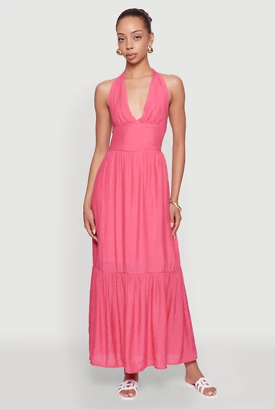 Womens Elegant Gauze Knit Halter Neck Tiered Dress, Pink, Size XL