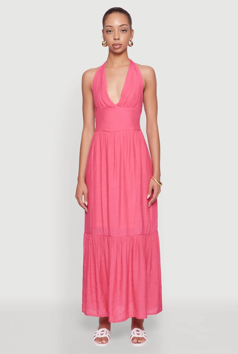 Womens Elegant Gauze Knit Halter Neck Tiered Dress, Pink, Size M