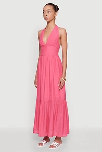 Womens Elegant Gauze Knit Halter Neck Tiered Dress, Pink, Size M