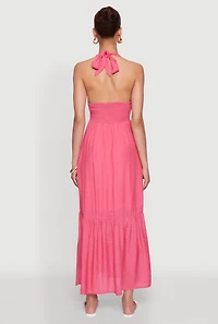 Womens Elegant Gauze Knit Halter Neck Tiered Dress, Pink, Size M