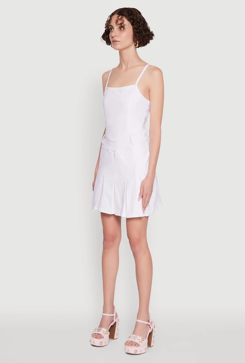 Womens Chic Sleeveless Pleated Skater Dress, White,