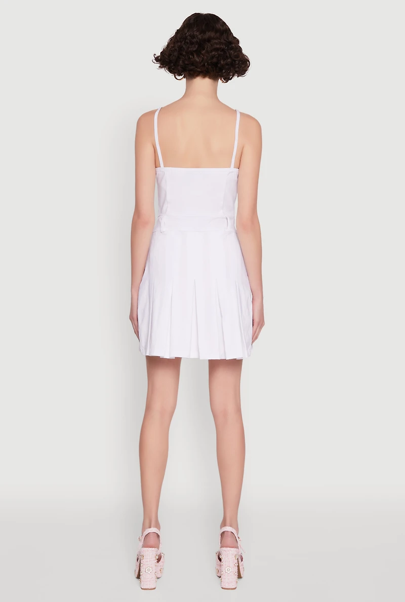 Womens Chic Sleeveless Pleated Skater Dress, White,