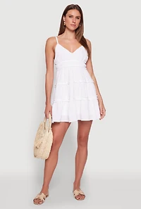 Womens Chic Gauze Knit Sleeveless Tiered Dress, White, Size M