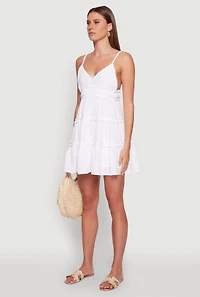 Womens Chic Gauze Knit Sleeveless Tiered Dress, White, Size M