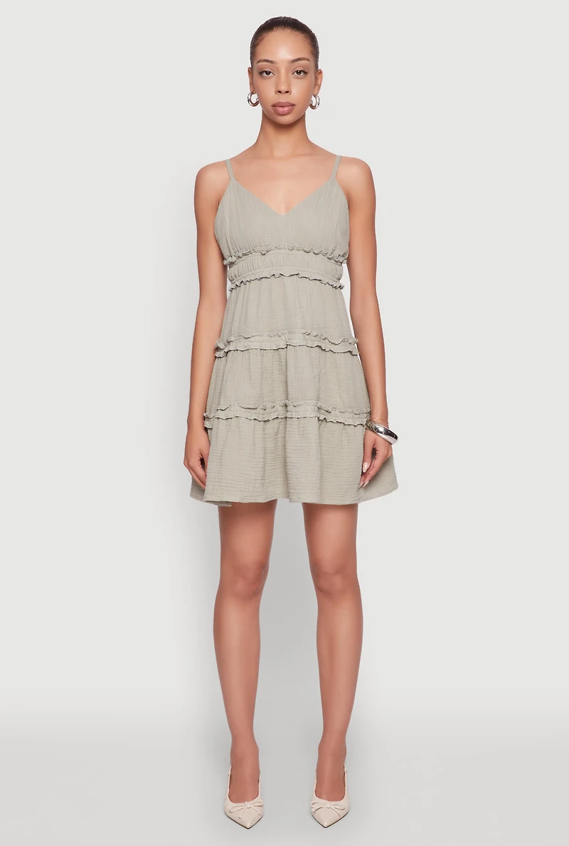 Womens Chic Gauze Knit Sleeveless Tiered Dress, L