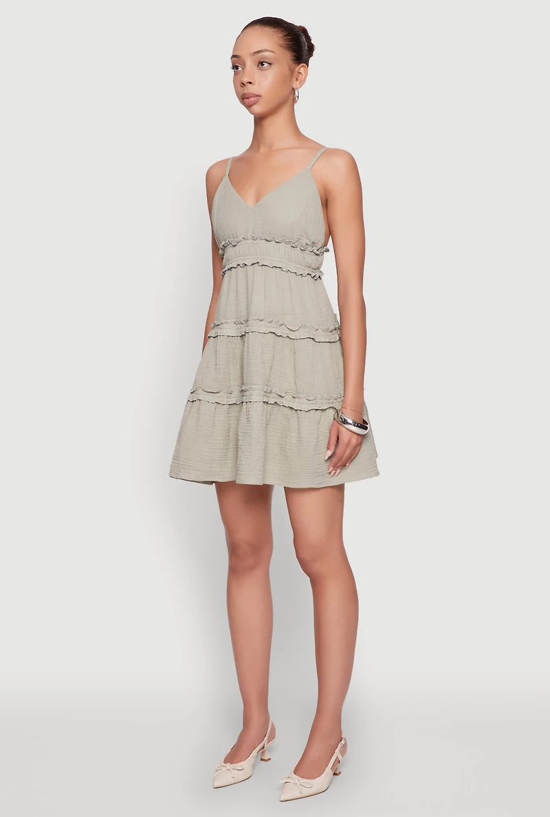 Womens Chic Gauze Knit Sleeveless Tiered Dress, Green, Size XL