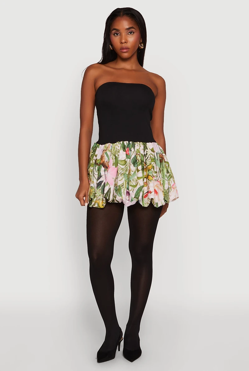 Strapless Floral Print Bubble Hem Dress