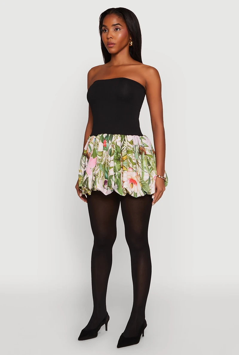 Strapless Floral Print Bubble Hem Dress