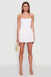 Womens Chic Eyelet Ruffle Tiered Mini Dress, White, Size XL