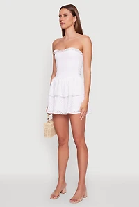 Womens Chic Eyelet Ruffle Tiered Mini Dress, White, Size XL
