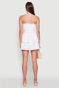 Womens Chic Eyelet Ruffle Tiered Mini Dress, White, Size XL
