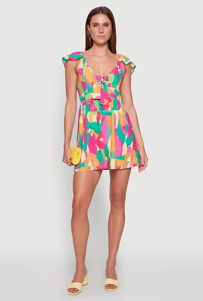 Womens Trendy Tie Front V-Neck Sundress with Flutter Cap Sleeves, Multi,