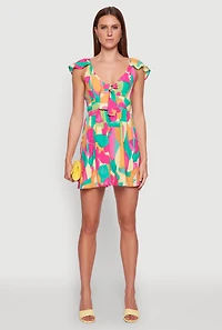 Womens Trendy Tie Front V-Neck Sundress with Flutter Cap Sleeves, Multi,