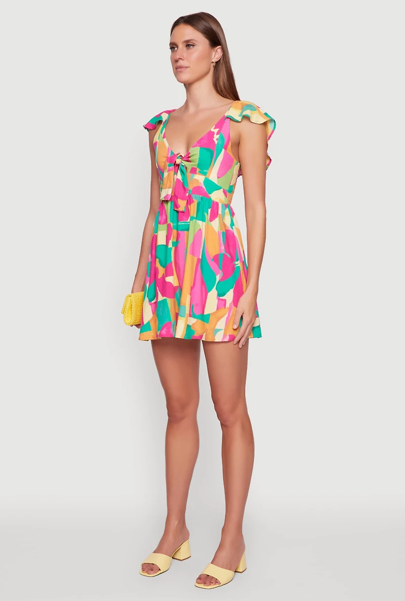 Womens Trendy Tie Front V-Neck Sundress with Flutter Cap Sleeves, Multi, Size L
