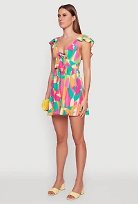 Womens Trendy Tie Front V-Neck Sundress with Flutter Cap Sleeves, Multi, Size L