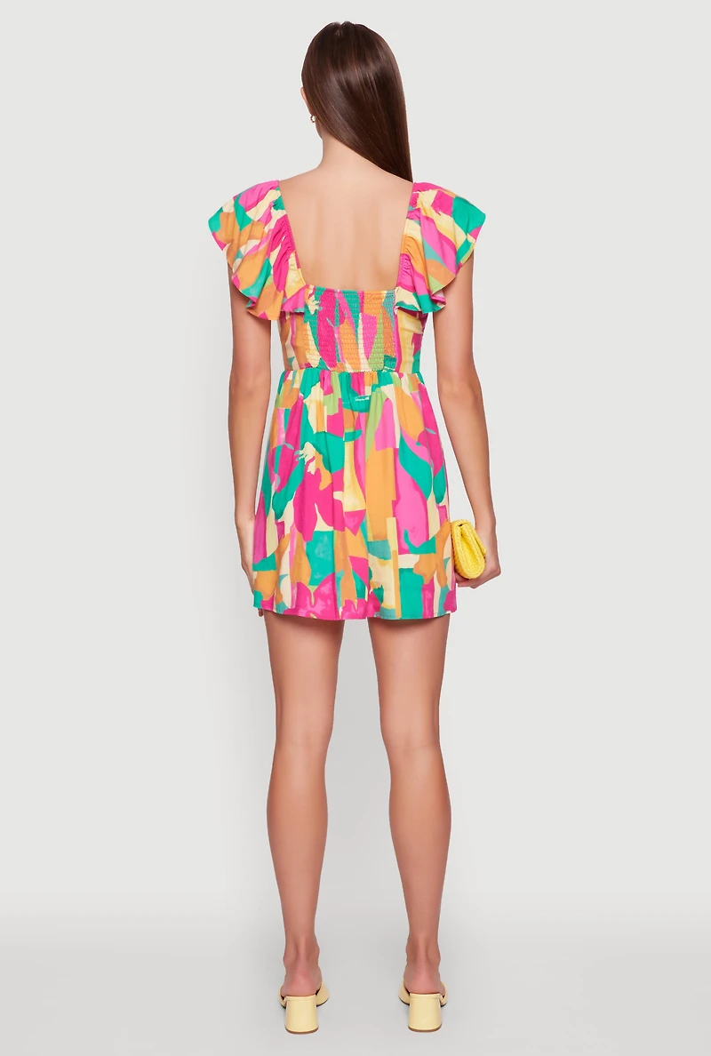Womens Trendy Tie Front V-Neck Sundress with Flutter Cap Sleeves, Multi, Size L