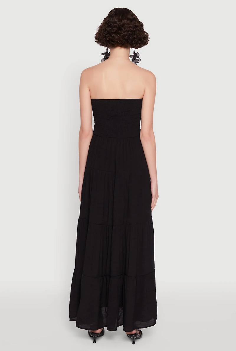 Womens Elegant Strapless Smocked Tiered Dress, Black,