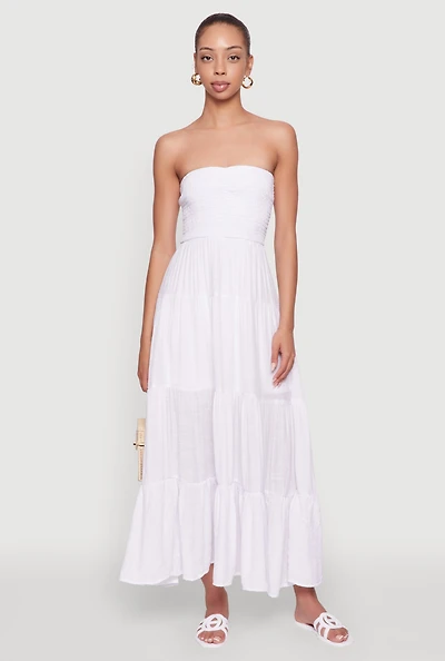 Womens Elegant Strapless Smocked Tiered Dress, White, Size M