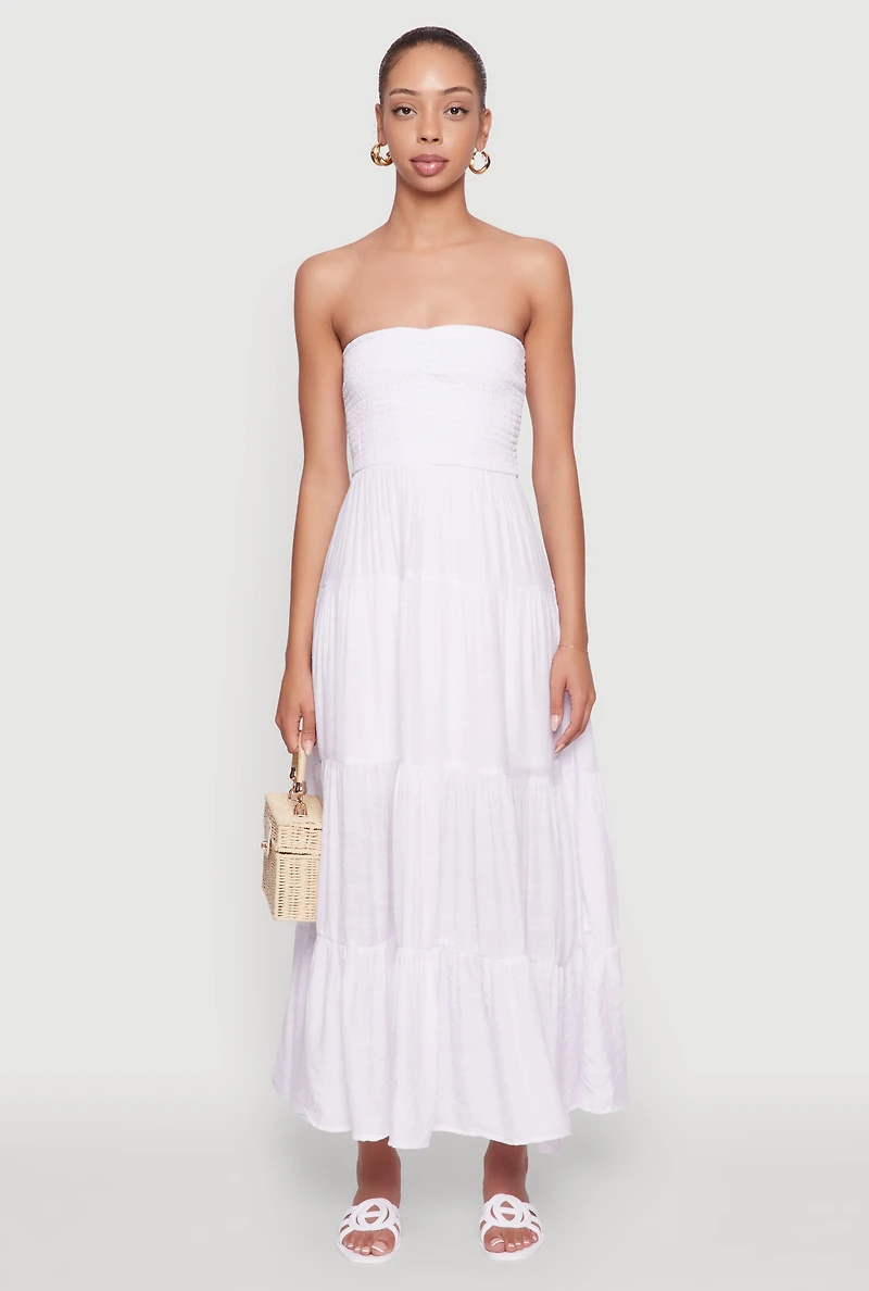 Womens Elegant Strapless Smocked Tiered Dress, White, Size M