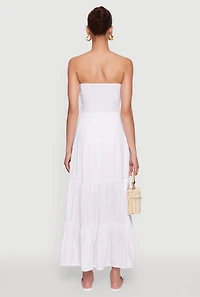 Womens Elegant Strapless Smocked Tiered Dress, White, Size M