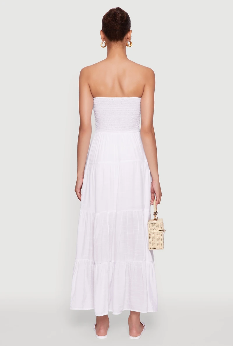 Womens Elegant Strapless Smocked Tiered Dress, White, Size M