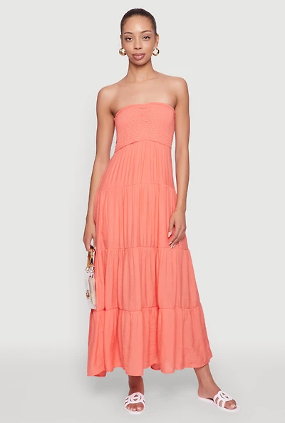 Womens Elegant Strapless Smocked Tiered Dress,