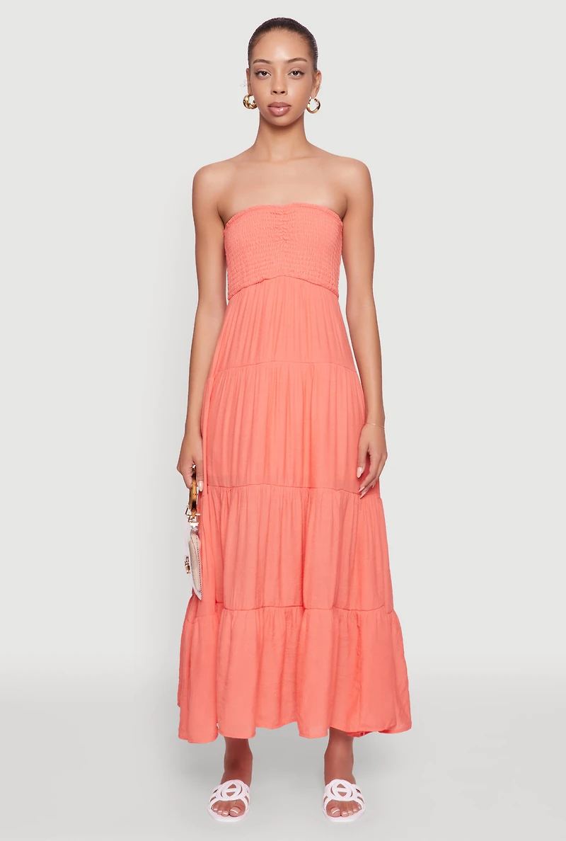 Womens Elegant Strapless Smocked Tiered Dress, M