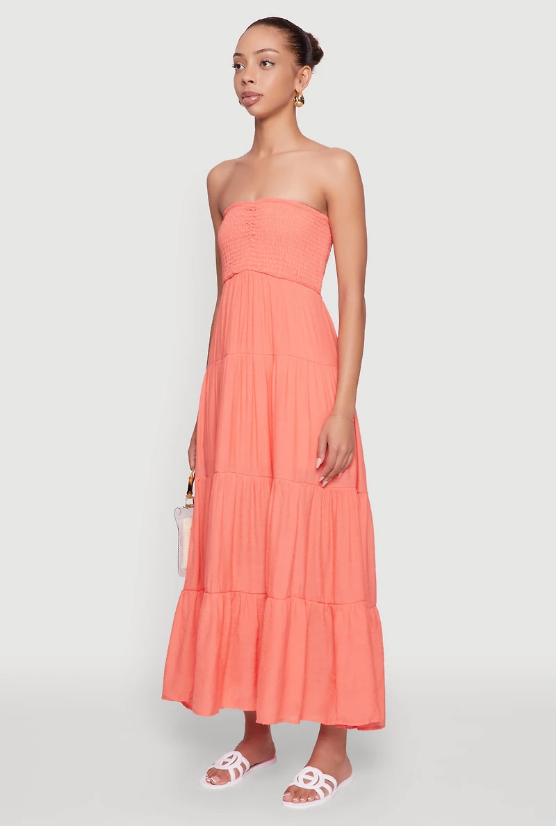 Womens Elegant Strapless Smocked Tiered Dress, M