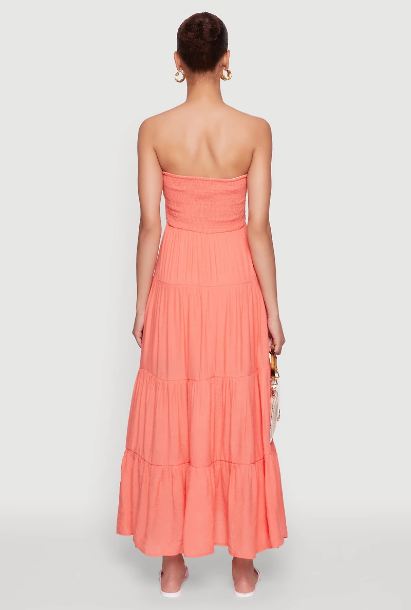 Womens Elegant Strapless Smocked Tiered Dress, M