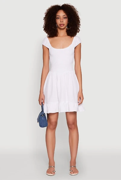 Womens Gauze Knit Smocked Skater Dress, White, Size XL