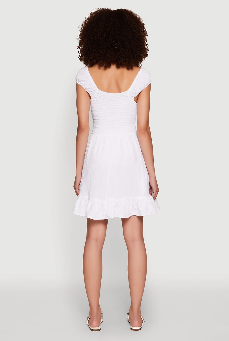 Womens Gauze Knit Smocked Skater Dress, White, Size XL