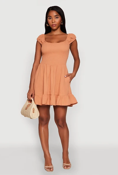 Womens Gauze Knit Smocked Skater Dress,