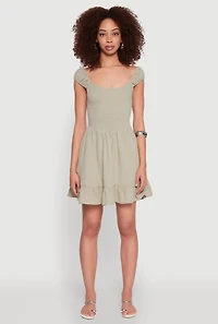 Womens Gauze Knit Smocked Skater Dress, Green, Size M