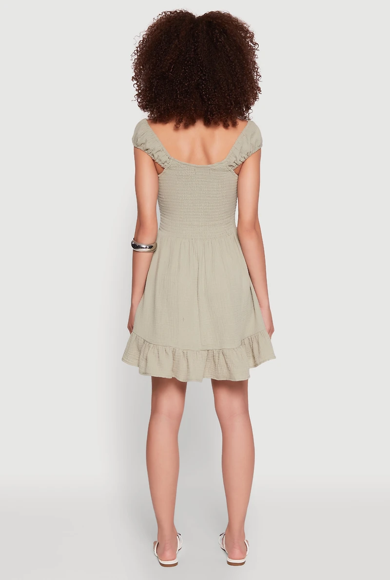Womens Gauze Knit Smocked Skater Dress,