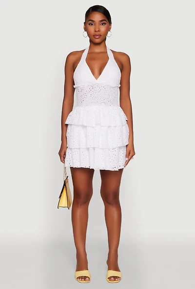 Womens Eyelet Smocked Waist Tiered Halter Sundress, White, Size S