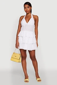 Womens Eyelet Smocked Waist Tiered Halter Sundress, White,