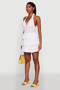 Womens Eyelet Smocked Waist Tiered Halter Sundress, White, Size S