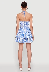 Womens Tropical Toile Print Ruffle Tiered Halter Dress, Blue, Size S