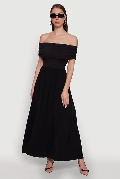 Womens Elegant Crepe Knit Ruched Off The Shoulder Sundress, Black, Size L