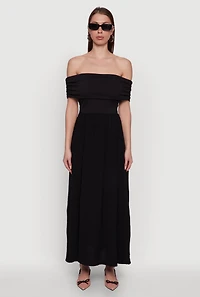 Womens Elegant Crepe Knit Ruched Off The Shoulder Sundress, Black, Size L