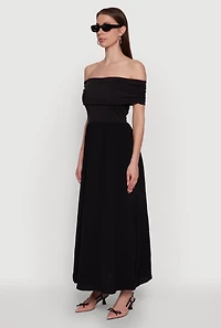 Womens Elegant Crepe Knit Ruched Off The Shoulder Sundress, Black, Size L