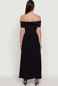 Womens Elegant Crepe Knit Ruched Off The Shoulder Sundress, Black, Size L