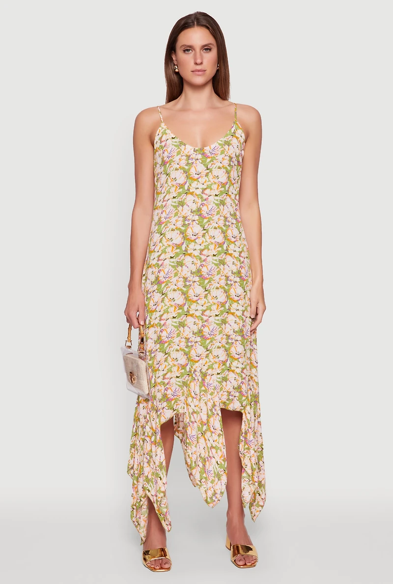 Floral Print Sleeveless Long Slip Dress with Open Tie Back